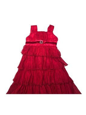 Girls Red Tiered Sleeveless Party Dress With Rhinestone Buckle & Bow Size 6 JJ42